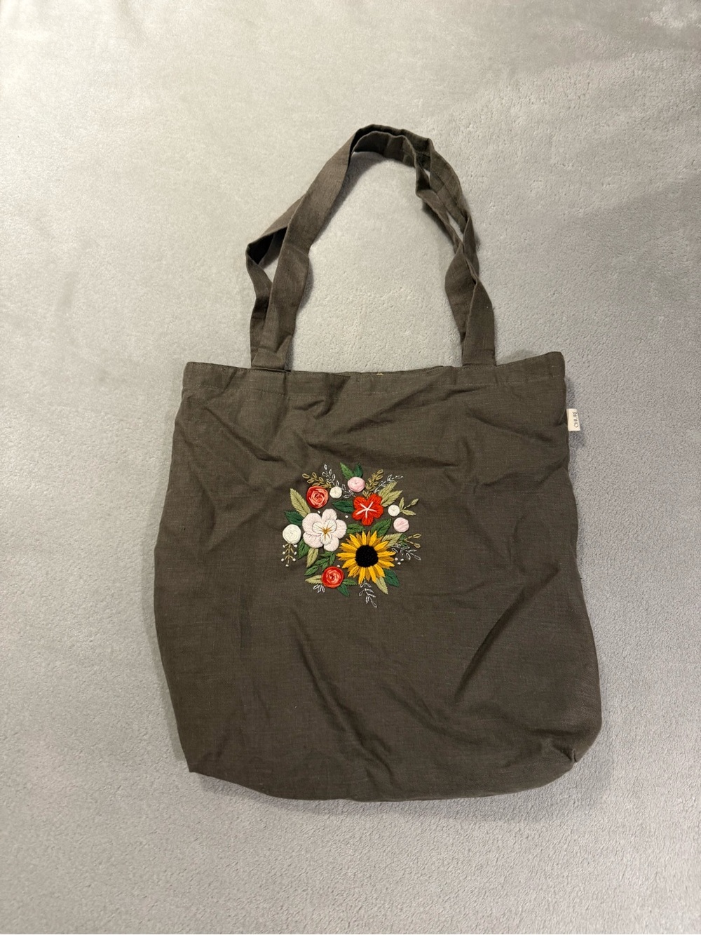 Flower Embroidered Lined Tote Bag